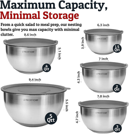 Priority Chef Stainless Steel Mixing Bowls with Lids Set, Metal Nesting Bowls with Airtight Lids, Graters, Non-Slip Base & Measurement Marks, Includes Utensil Set for Prep, Baking & Storage, Black