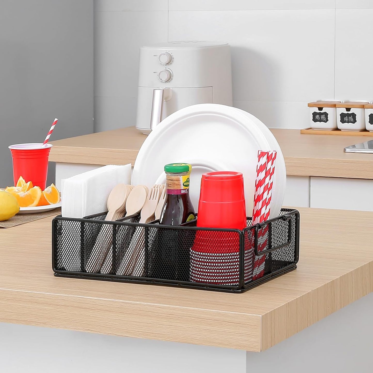 Paper Plate Dispenser with Handle, Metal Paper Plate Holders for Kitchen Counter, Utensil Holder Organizer with 6 Compartments, Silverware Holder Caddy for Cup Fork Spoon Napkin Party Camping