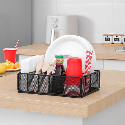 Paper Plate Dispenser with Handle, Metal Paper Plate Holders for Kitchen Counter, Utensil Holder Organizer with 6 Compartments, Silverware Holder Caddy for Cup Fork Spoon Napkin Party Camping