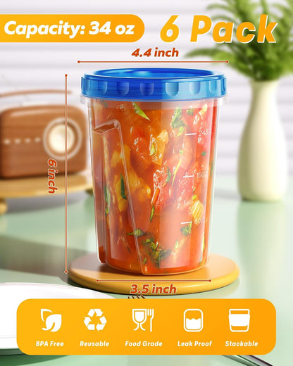 6 Pack-24 oz Freezer Storage Containers, Plastic Food Storage Containers with Twist Top Lids, BPA Free and Reusable Soup Containers with Lids, Leakproof/Microwave/Dishwasher Safe