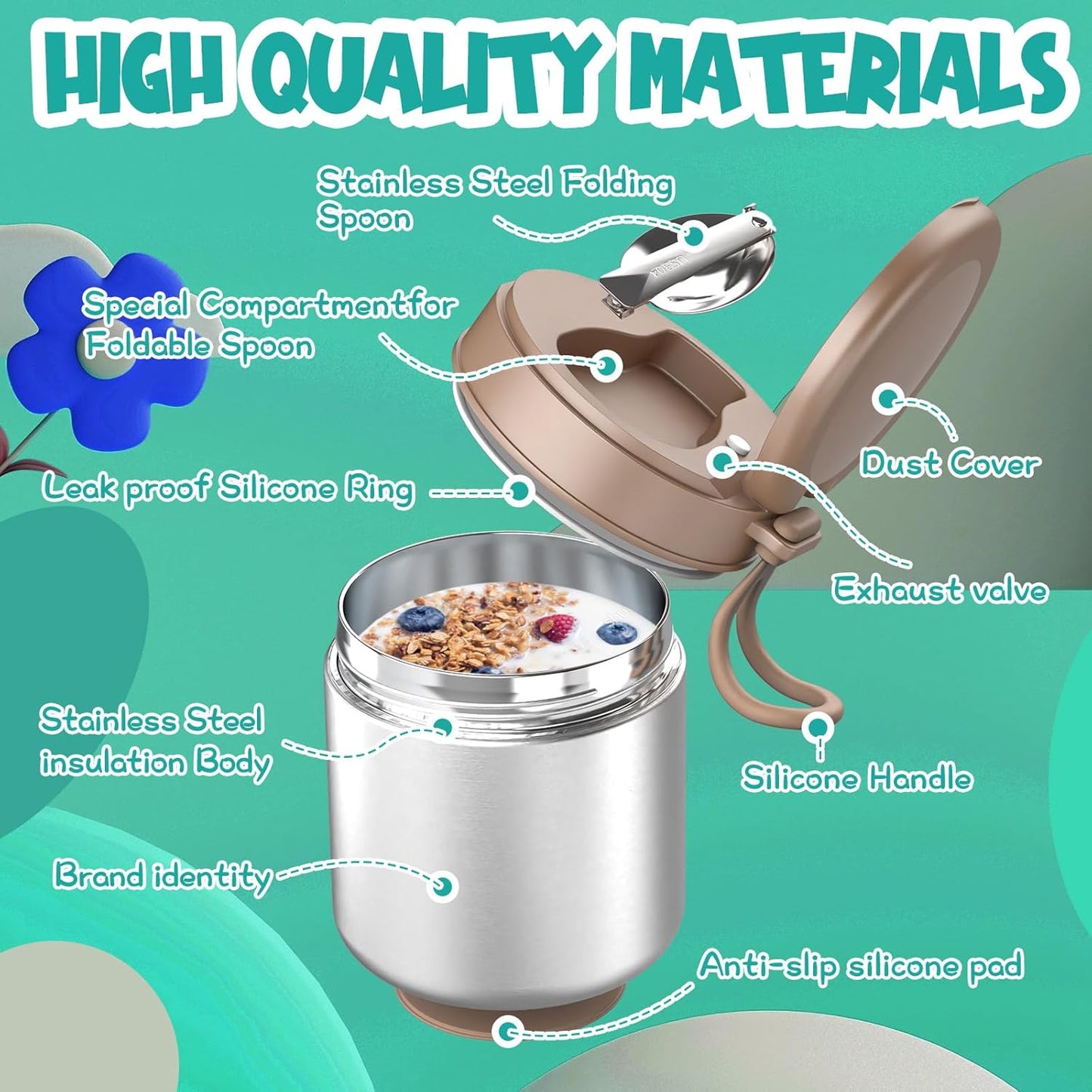 Thermo for Hot Food Kids - 15.2oz, Leak Proof Insulated Food Jar, Soup Thermo, Insulated Lunch Containers, Termos Para Comida Caliente, Wide Mouth Lunch Box with Folding Spoon and Handle