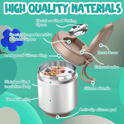 Thermo for Hot Food Kids - 15.2oz, Leak Proof Insulated Food Jar, Soup Thermo, Insulated Lunch Containers, Termos Para Comida Caliente, Wide Mouth Lunch Box with Folding Spoon and Handle