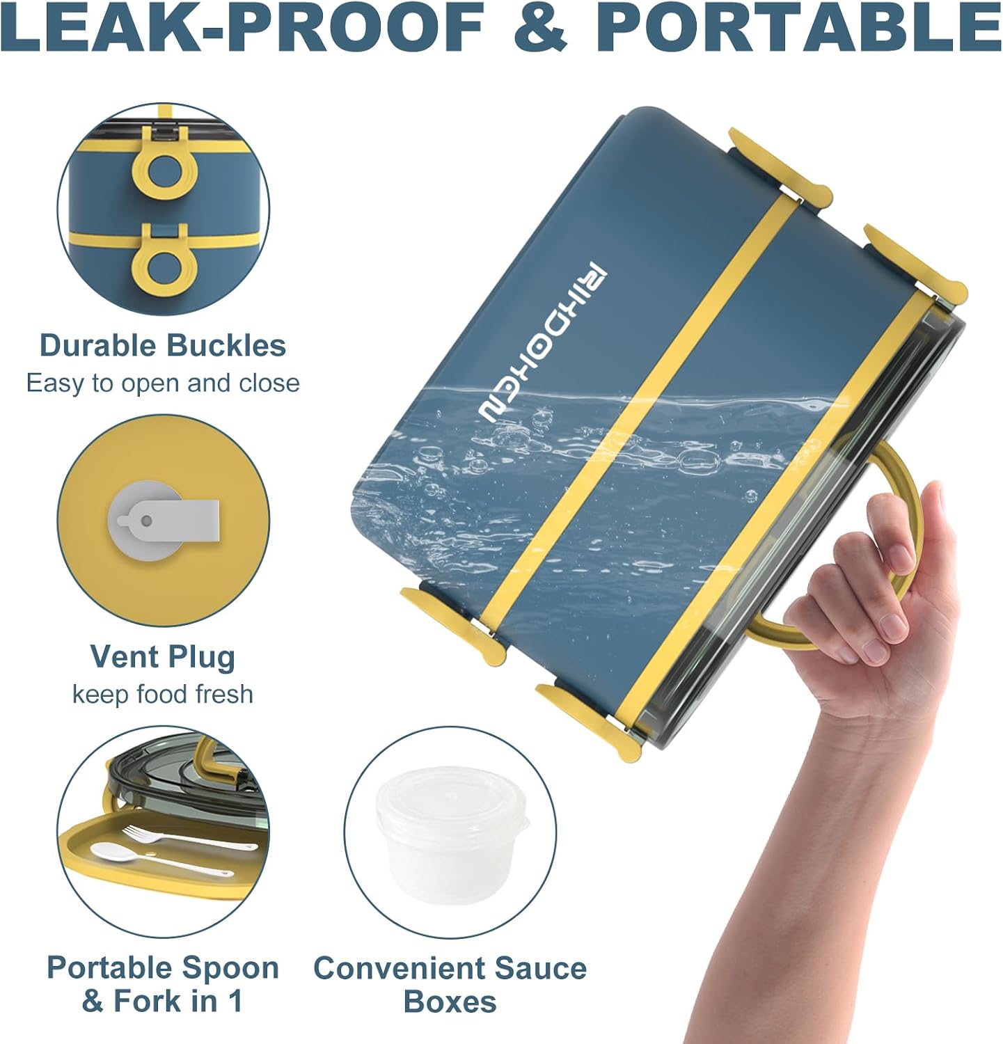 RIKDOKEN Lunch Box, Stackable 3 Layers Containers, Portable 94OZ Large Capacity Leakproof Bento Box with Spoon & Fork & Sauce Boxes, Microwave Safe Lunch Box for Kids and Adults