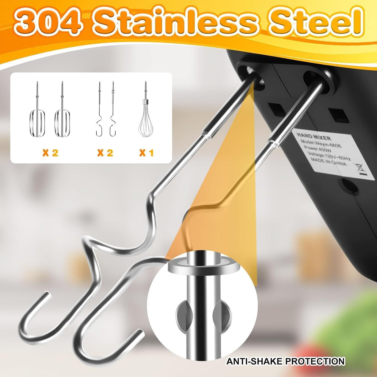 400W Electric Hand Mixer, 5-Speed with Turbo, 5 Stainless Steel Attachments