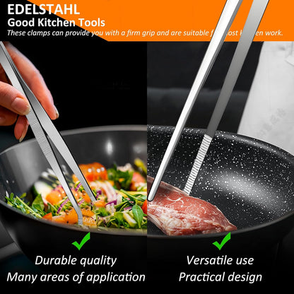 2-Piece Kitchen Tongs Set – 12-Inch Stainless Steel BBQ Tweezers with Straight & Curved Edges, Non-Slip Grip, Heavy Duty for Grilling Steak, Flipping Pancakes, Salads & Cooking