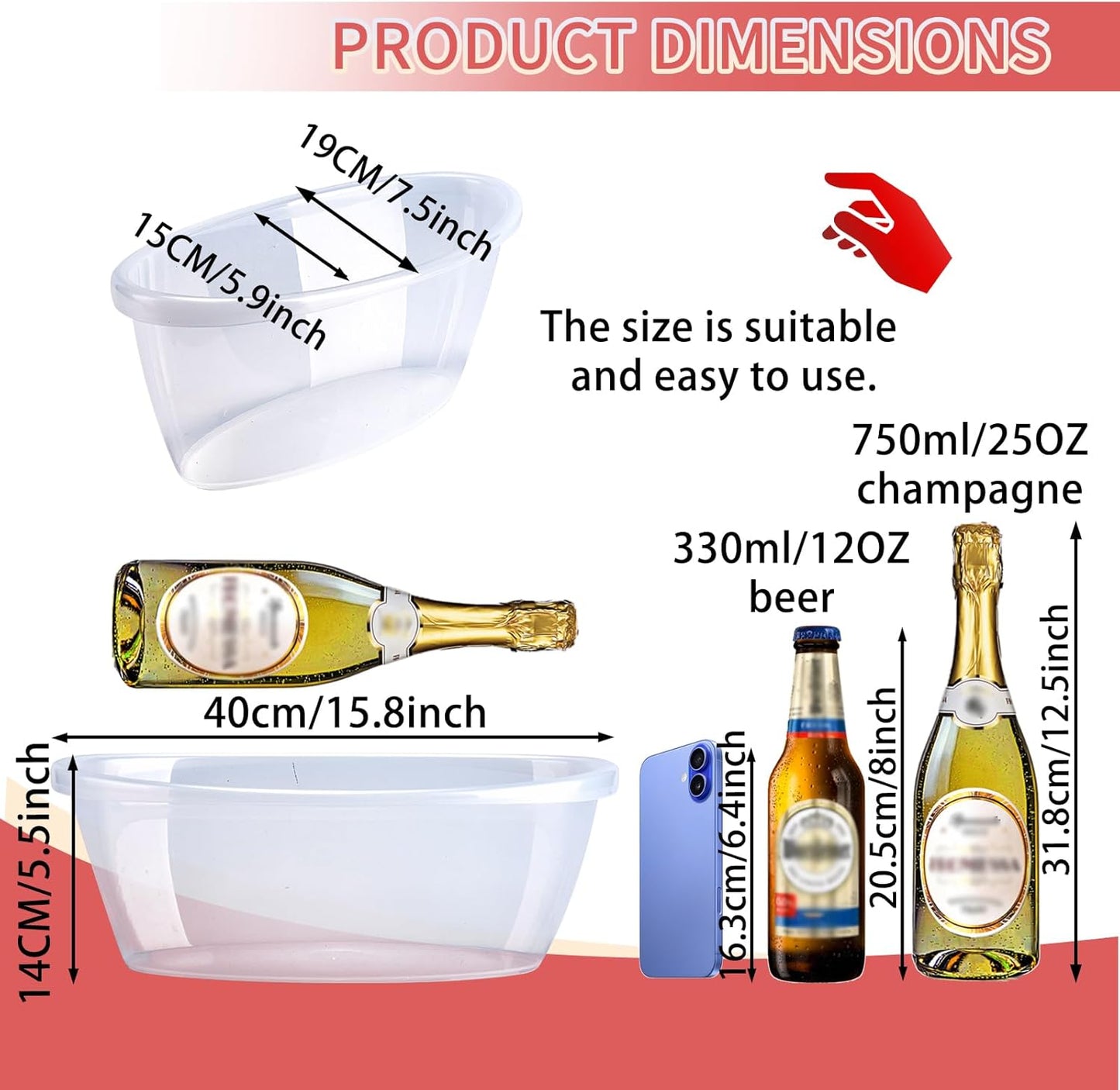 2 Pack Large Ice Buckets for Parties, 5L Oval Plastic Champagne Wine Cooler Beer Chiller Bucket Beverage Tub for Mimosa Bruch Cocktail Bar Supplies Indoor Outdoor Wedding Party