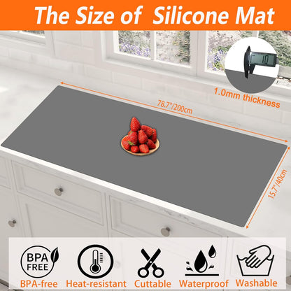 Extra Large Silicone Mat 78.7''x23.6''(200cmx60cm), Large Silicone Mats for Kitchen Counter, Multipurpose Heat Resistant Mat, Waterproof Placemat for Countertop Protector, Black