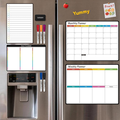 4 Pack Magnetic Dry Erase Calendar Whiteboard Set for Fridge, 6" x 12" Monthly & Weekly Whiteboard, 12" x 8" Blank & Lined to-Do List Planner Boards for Refrigerator, Family Schedule