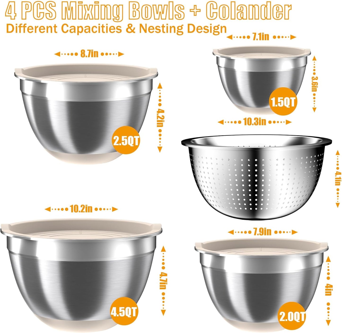 Mixing Bowls with Lids Set, 16PCS Stainless Steel Mixing Bowls,Nesting Storage Bowls for Kitchen with Mixing Bowls Set, Colander, Strainer & Grater , Metal Salad Bowl for Kitchen Gadgets , Cream