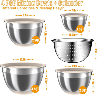 Mixing Bowls with Lids Set, 16PCS Stainless Steel Mixing Bowls,Nesting Storage Bowls for Kitchen with Mixing Bowls Set, Colander, Strainer & Grater , Metal Salad Bowl for Kitchen Gadgets , Cream