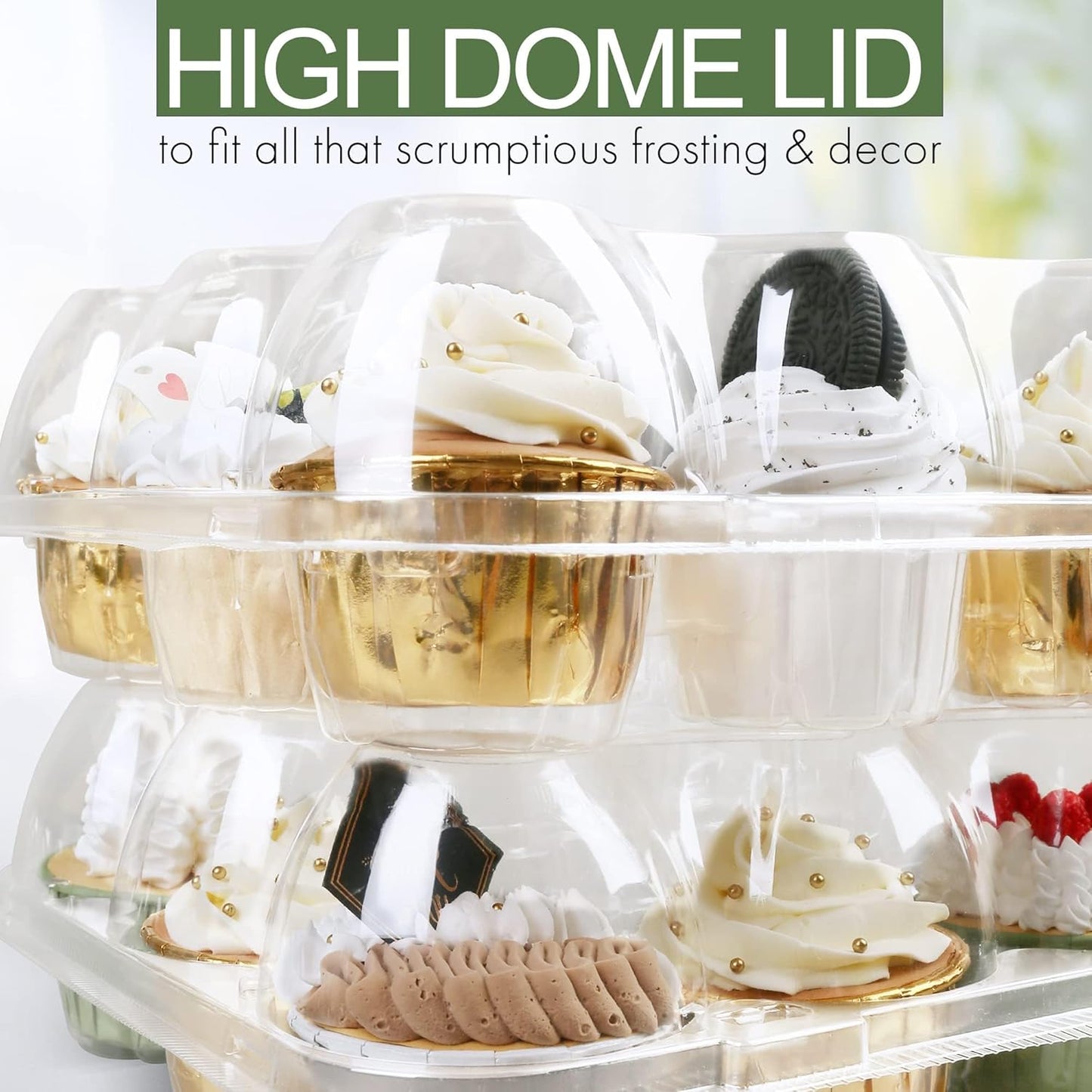 LotFancy (12 Count x 12 Sets) Cupcake Containers with 144 Liners, Thick Plastic Cupcake Boxes Holders, BPA Free, Disposable Cupcake Carrier with Detachable Tall Dome Lid