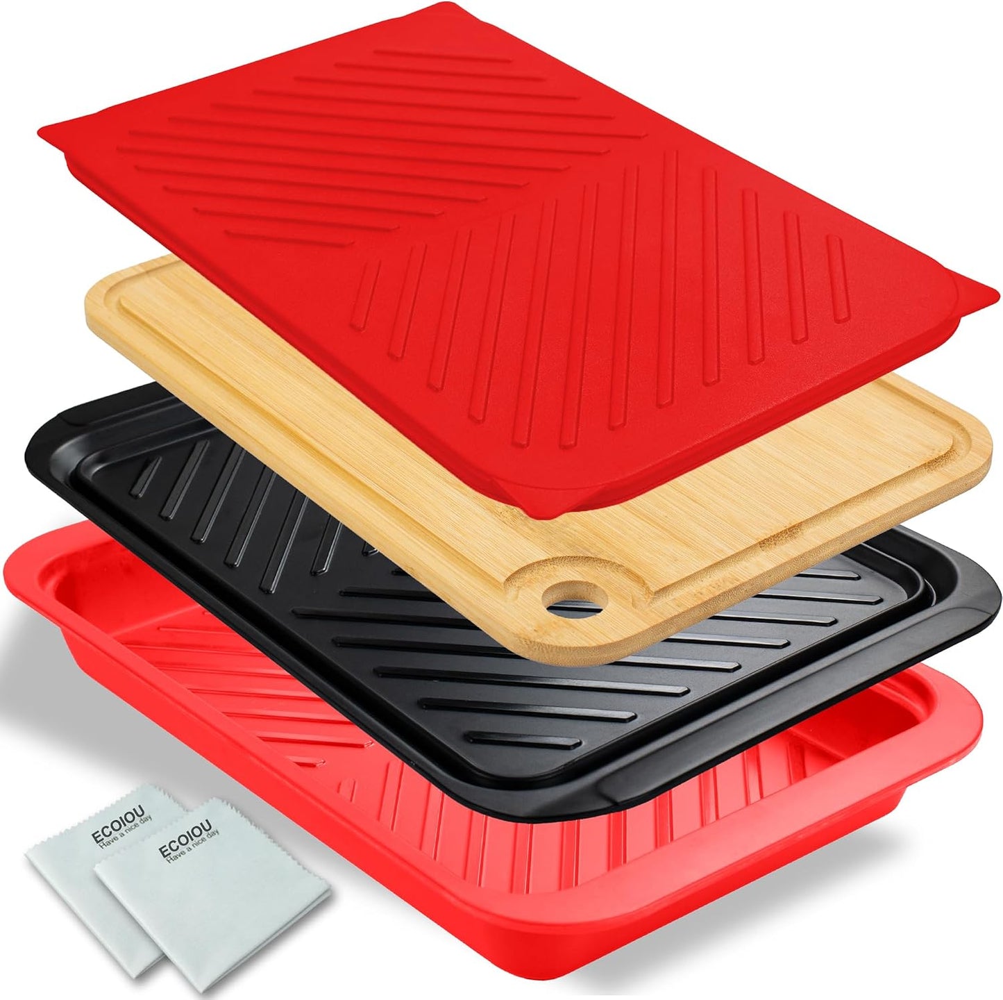 ECOIOU Grilling Prep and Serving Tray with Lid, BBQ Deep Tray for Marinating Raw and Cooked Food, Melamine Serving Trays for Food, Black and Red