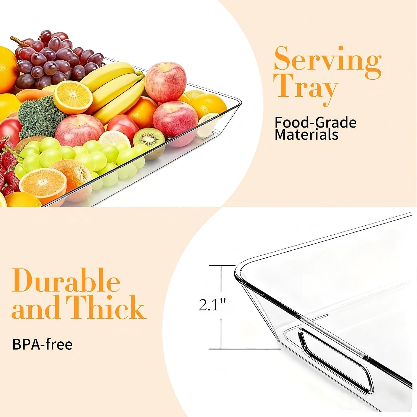 Clear Plastic Serving Tray with Handles, BPA-Free Storage Organizer Tray - Large Serving Trays 16"x11.5" Reusable Serving Platters for Appetizer, Fruit, Kitchen, Desk & Serving Tray for Party Supplies