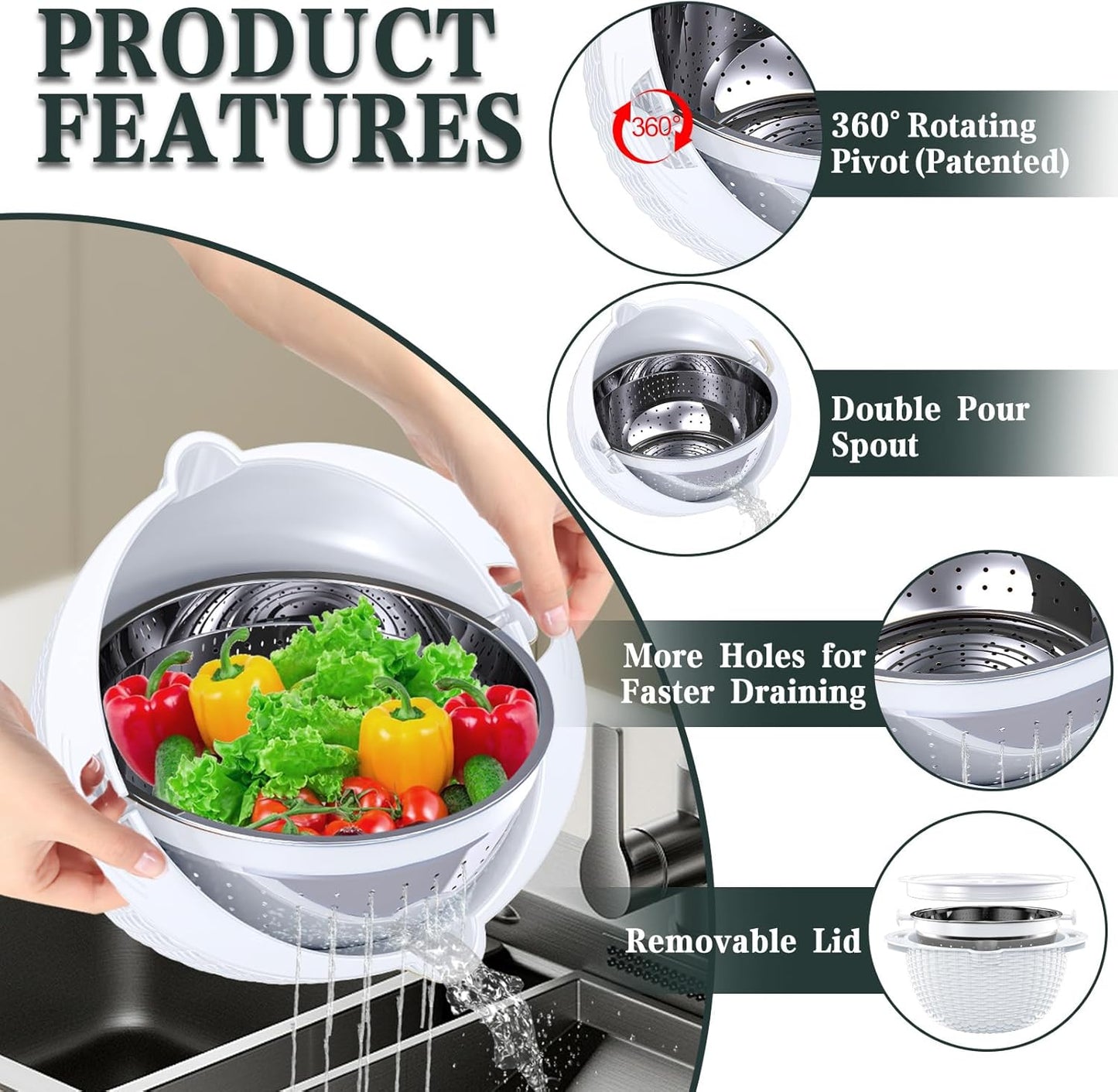 4-in-1 Colander with Bowl Set — Patented 360° Rotatable Strainer Bowl with 3 Graters, Snap-On Lid & Non-Slip Base, Funny Kitchen Present for Women, Aesthetic Pasta Fruit Vegetable Strainer (Beige)