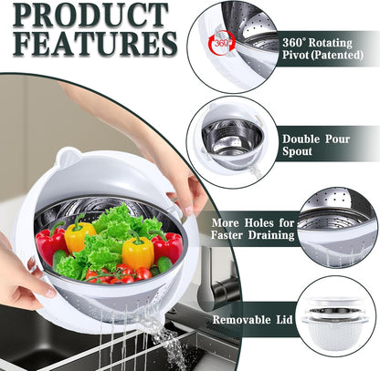 4-in-1 Colander with Bowl Set — Patented 360° Rotatable Strainer Bowl with 3 Graters, Snap-On Lid & Non-Slip Base, Funny Kitchen Present for Women, Aesthetic Pasta Fruit Vegetable Strainer (Beige)