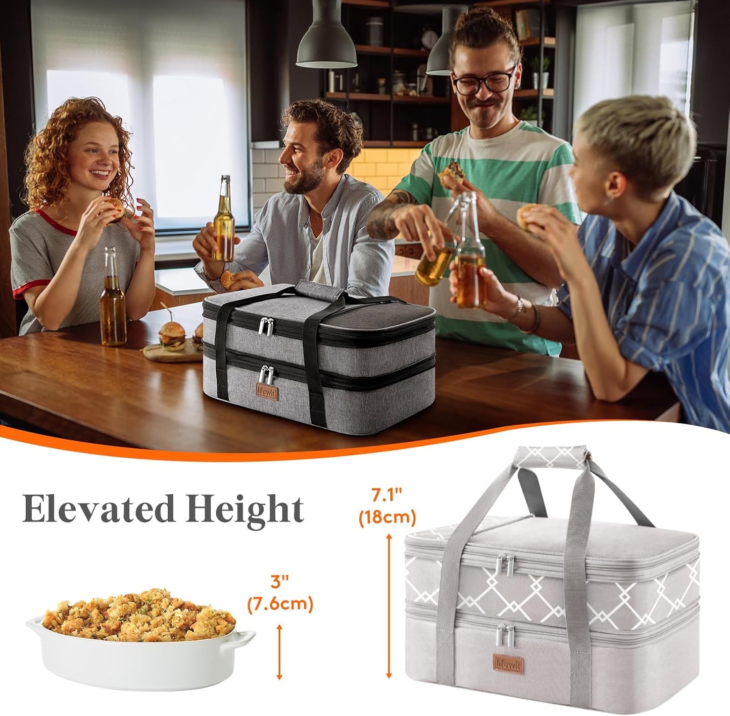 Lifewit Insulated Double Decker Casserole Carrier, Expandable Lasagna Lugger Tote Bag for Hot or Cold Food, Fits 9" x 13" Baking Dish for Potluck Parties, Picnic and Cookouts, Grey-Geometric