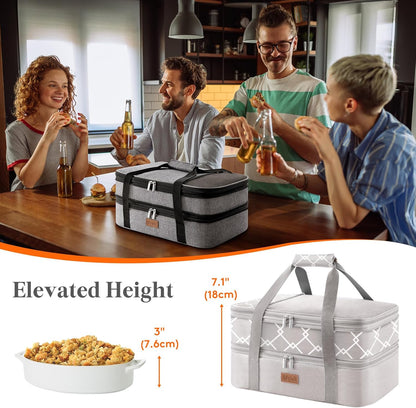 Lifewit Insulated Double Decker Casserole Carrier, Expandable Lasagna Lugger Tote Bag for Hot or Cold Food, Fits 9" x 13" Baking Dish for Potluck Parties, Picnic and Cookouts, Grey-Geometric