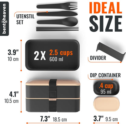 Bentoheaven Premium Bento Box Adult Lunch Box with Compartments for Women & Men, Set of Utensil & Chopsticks & Dip Container, Cute Japanese Kids Bento Lunch Box, Microwavable (Symph Onyx)