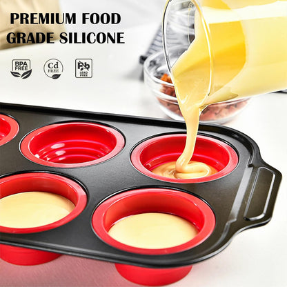 Silicone Muffin Pan for Baking, Non-stick 6 Cup Cupcake Pan with Reinforced Metal Frame, BPA Free, Dishwasher Safe, Oven Safe, Easy Release (Red)