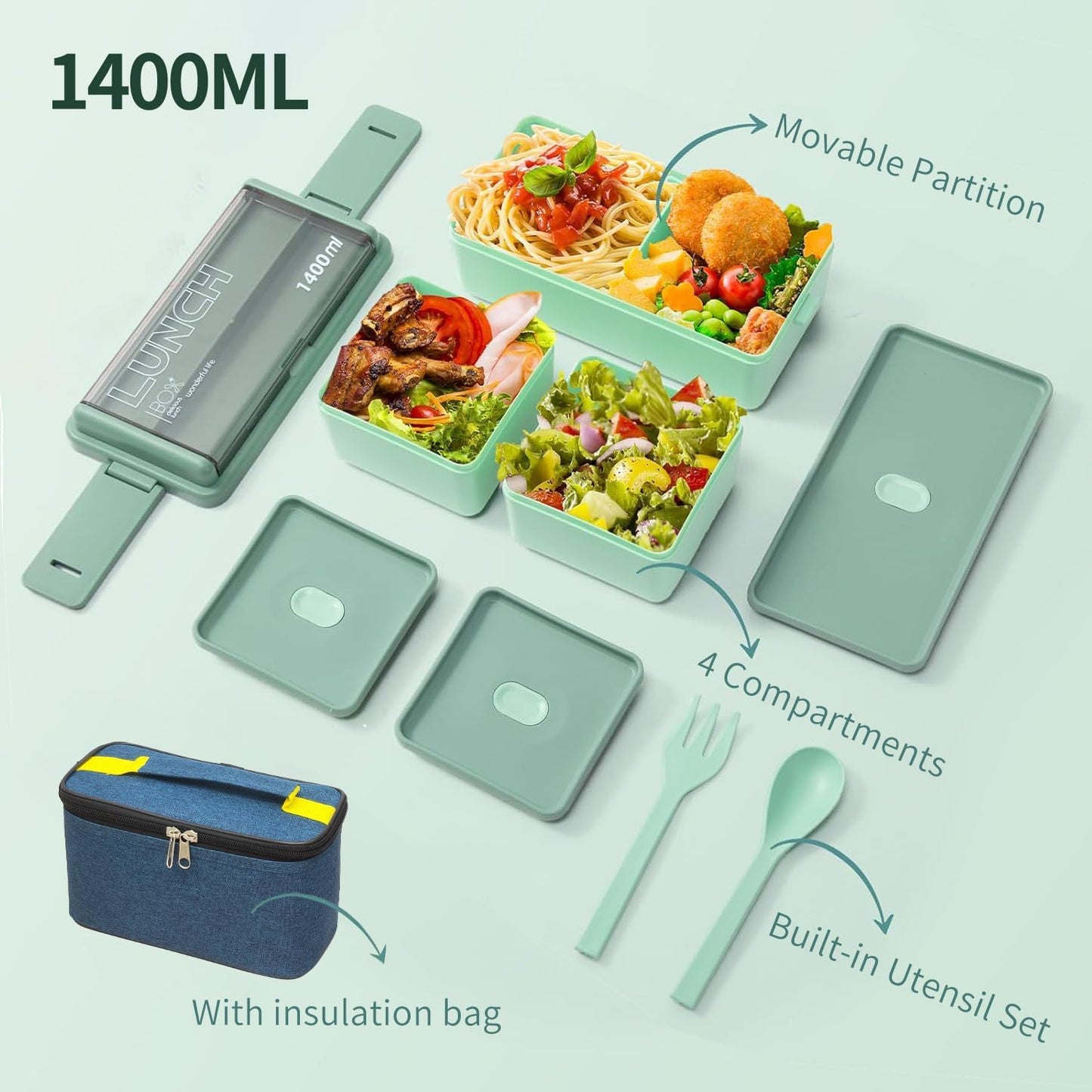 1400ml Lunch Box with 3 Compartments - 2 Layer Leak Proof Bento Box with Insulated Bag and Cutlery, Meal Prep Container Box for Adults Kids Students Office Microwave Dishwasher Safe Available (Green)
