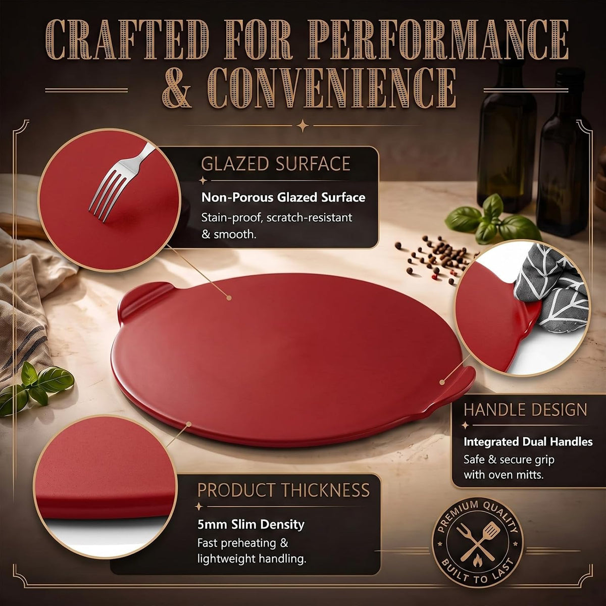 Geetery 14.5 Inch Glazed Ceramic Pizza Stone with Handles, Black