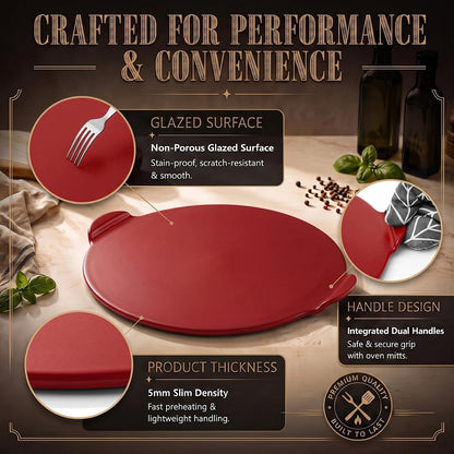 Geetery 14.5 Inch Glazed Ceramic Pizza Stone with Handles, Black