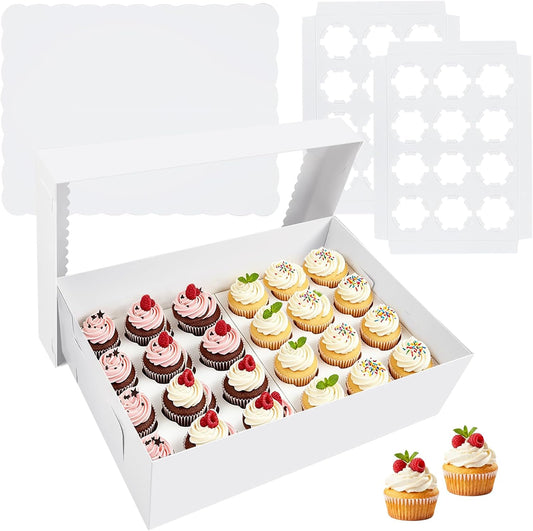 2 Pack White Cupcake Boxes with Cake Boards for 24 MINI Cupcakes, Food Grade Dessert Muffins Box Cupcake Carrier Containers with Window and Inserts for Birthday Holiday Party Bakery Supplies