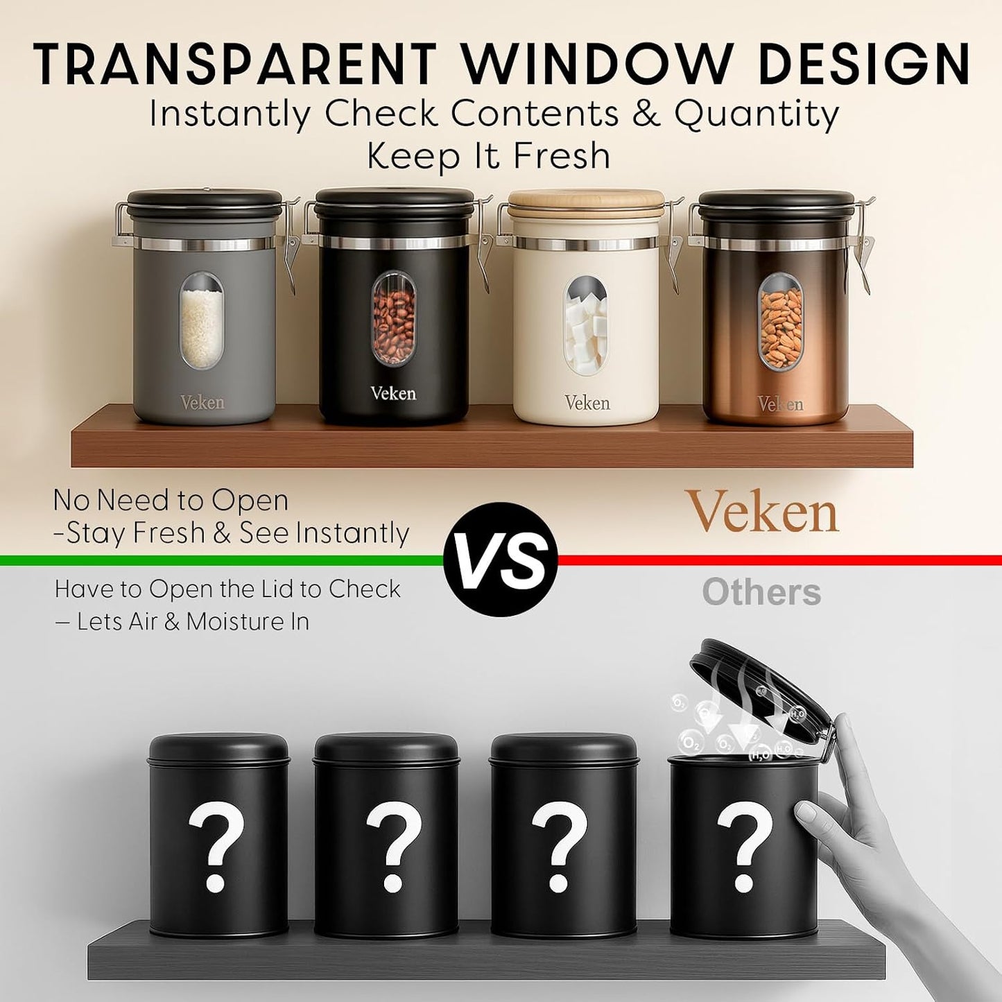 Veken Coffee Canister with Window, Family Choice Awards Winner, Airtight Stainless Steel Home Kitchen Food Storage Container with Lids for Grounds, Beans, Tea, Flour,Cereal,Sugar Jars,Scoop,16OZ,Black