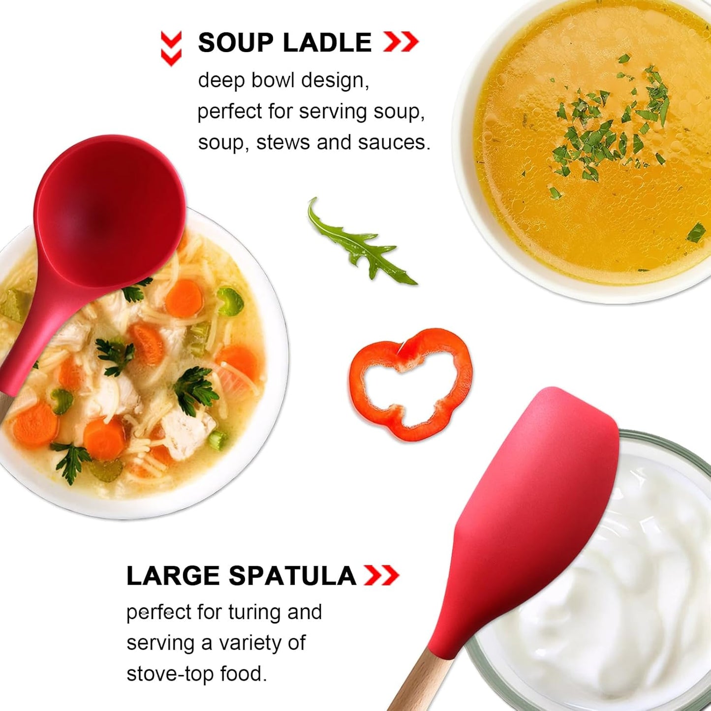 Kitchen Cooking Utensils Set, 6Pcs Silicone Kitchen Utensils Set Spatula Spoon Soup Ladle Turner, Heat Resistant Wooden Handle Silicone Cooking Gadgets for Nonstick Cookware & Baking BPA FREE