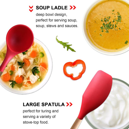 Kitchen Cooking Utensils Set, 6Pcs Silicone Kitchen Utensils Set Spatula Spoon Soup Ladle Turner, Heat Resistant Wooden Handle Silicone Cooking Gadgets for Nonstick Cookware & Baking BPA FREE