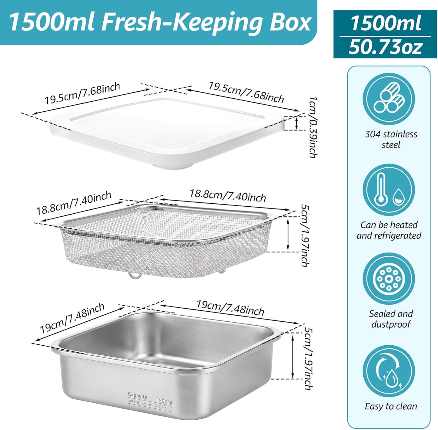 Stainless Steel Colander Set, Square Strainer with Lid for Draining Vegetable Washing Rice, 2 in 1 Strainer Bowl & Food Storage Container Food Preparation Box Bowl (1500ml)