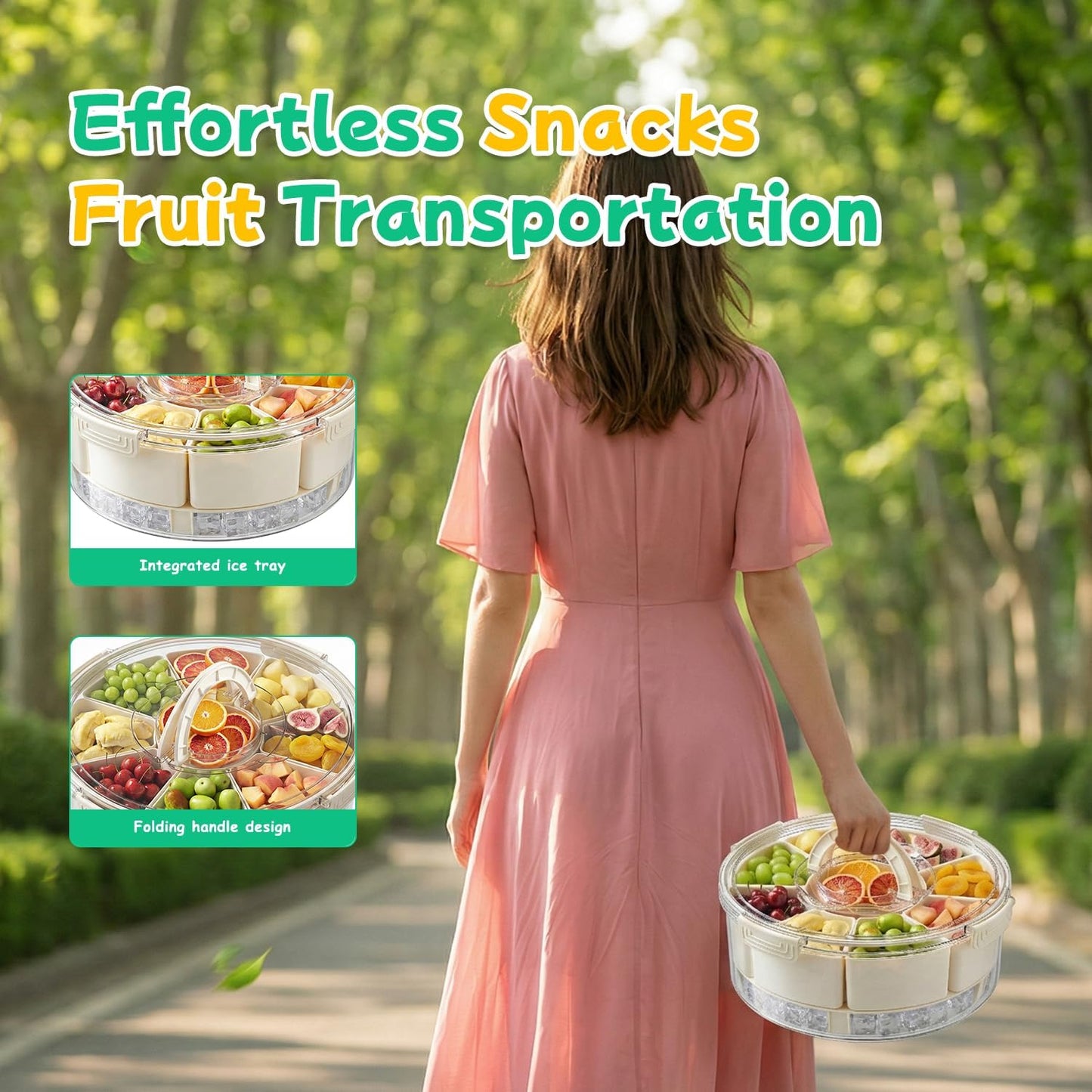 Divided Serving Tray with Lid and Handle, Rounded Snackle Box with 6 Compartments and Chill Base for Fruits, Candy, Veggie, Travel Snack Container with Portable Insulated Bag & Ice Cube Tray & 5 Forks