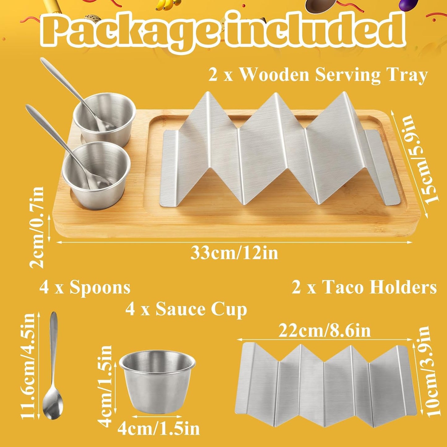 Taco Holder Stand Set of 2 - Stainless Steel Taco Shell Rack Holder with Serving Tray - Each Can Hold 3 Tortillas Stylish with Sauce Cup