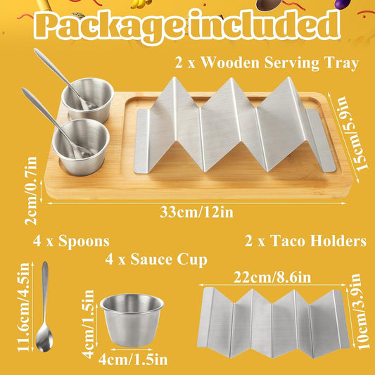 Taco Holder Stand Set of 2 - Stainless Steel Taco Shell Rack Holder with Serving Tray - Each Can Hold 3 Tortillas Stylish with Sauce Cup