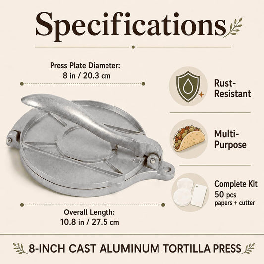 8-Inch Cast Aluminum Tortilla Press, Silver Commercial-Grade Tortilla Maker with 50 Pcs Parchment Paper & Dough Scraper – for Tacos, Roti, Quesadilla, Patacones & Burritos