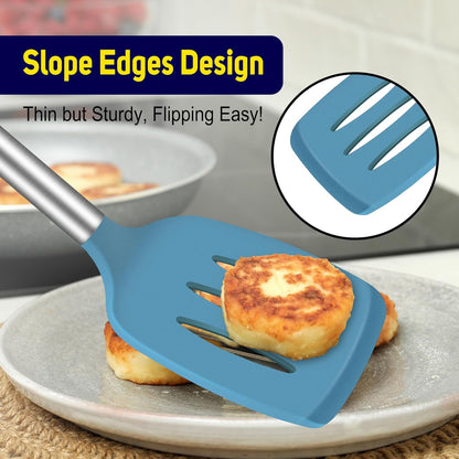 HOTEC Silicone Spatula Set of 2 Heat-Resistant 600°F & BPA-Free Kitchen SaptulaTurner with Stainless Steel Handles, Slotted & Solid Spatulas for Nonstick Cookware, 13.7 Inch, Classic Blue