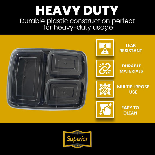 Superior 10 Pack Meal Prep Containers - 32oz Reusable 3 Compartment Food Containers–Microwave and Dishwasher Safe Prep Plastic Food Containers with Lid Divided Bento Box Lunch Tray