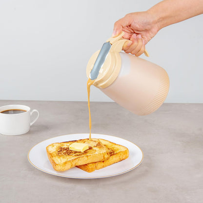 Restaurantware-Chef 101 32 Ounce All Purpose Syrup Dispenser, 1 Honey Dispenser - White Top, Stainless Steel Slide Cover, Plastic Pancake Syrup Bottle, Perfect For Diners, Restaurants, Home