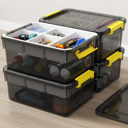 40Qt Stackable Storage Bins with Lids & Trays, Clear Plastic Latching Boxes Organizers with Dividers Portable 10Gal Containers for Arts & Crafts, Home and Car Trunk Organization, 2Pack