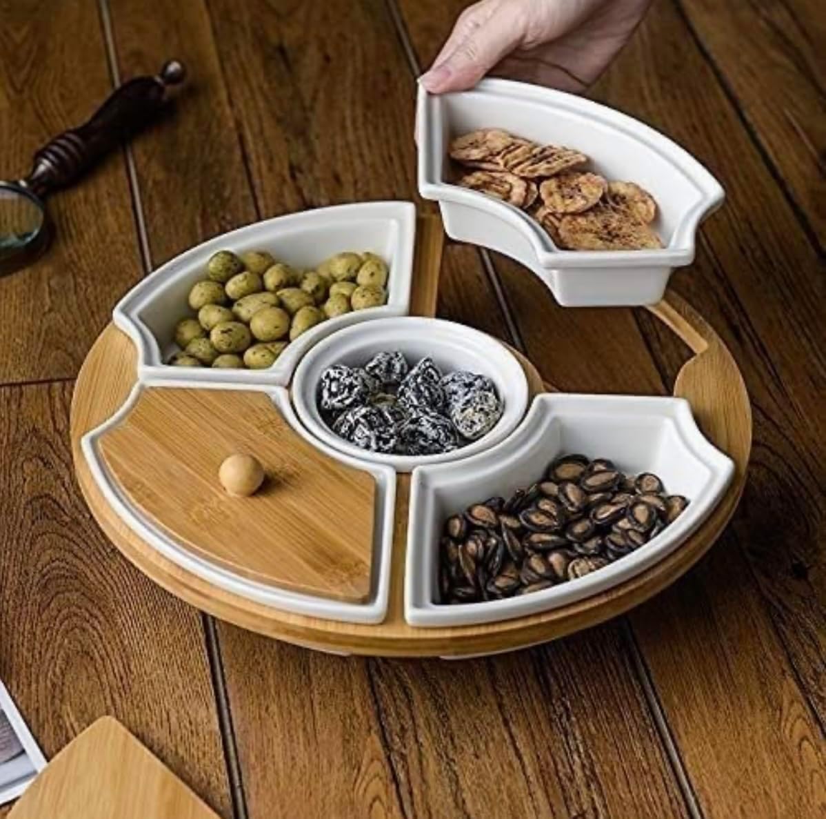 Allure Life Ceramic Appetizer Serving Platter with Bamboo Lid – 5 Section Divided Dish Set for Fruits, Snacks & Dips, White