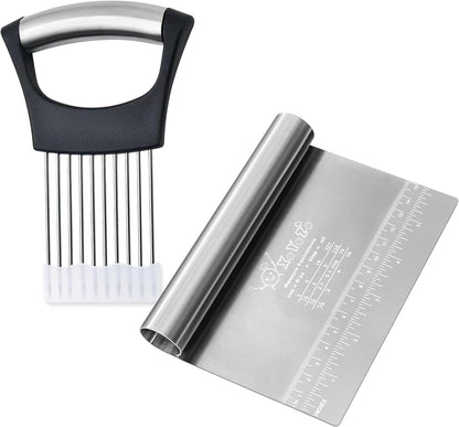 Bench Scraper Dough Chopper Onion Holder for Slicing Slicer Onion Cutter with Protective Cover and Anti-Slip Handle Stainless Steel Chopper for Potato, Tomato, Avocados, Eggs, Vegetable, Onions