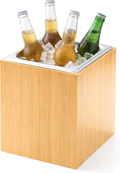Honeydak Large Ice Housing Bin with Removable Tray Ice Holder Container Wine Beer Champagne Drink Bucket Beverage Tub for Freezer Display Buffet Counter Party Chiller (Bamboo and Steel)