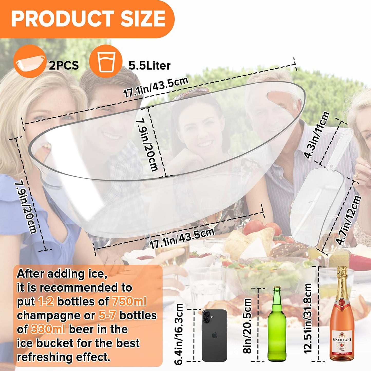 2-Pack 5.5L Ice Bucket for Parties, Portable Drink Bucket for Cocktail Bar, Extra Large Clear Beverage Tubs with Scoops, Champagne Cooler for Beverage/Wine/Beer, Mimosa Bar Essentials