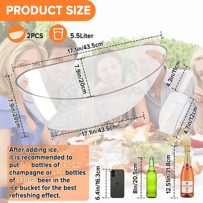 2-Pack 5.5L Ice Bucket for Parties, Portable Drink Bucket for Cocktail Bar, Extra Large Clear Beverage Tubs with Scoops, Champagne Cooler for Beverage/Wine/Beer, Mimosa Bar Essentials