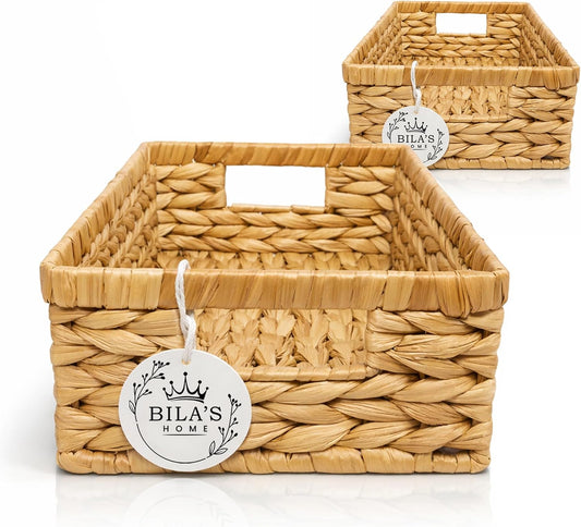 Set of 2 Water Hyacinth Storage Baskets – Handwoven Wicker Organizer with Built‑In Handles, Natural Decorative Basket for Shelves, Pantry, Bathroom, Bedroom