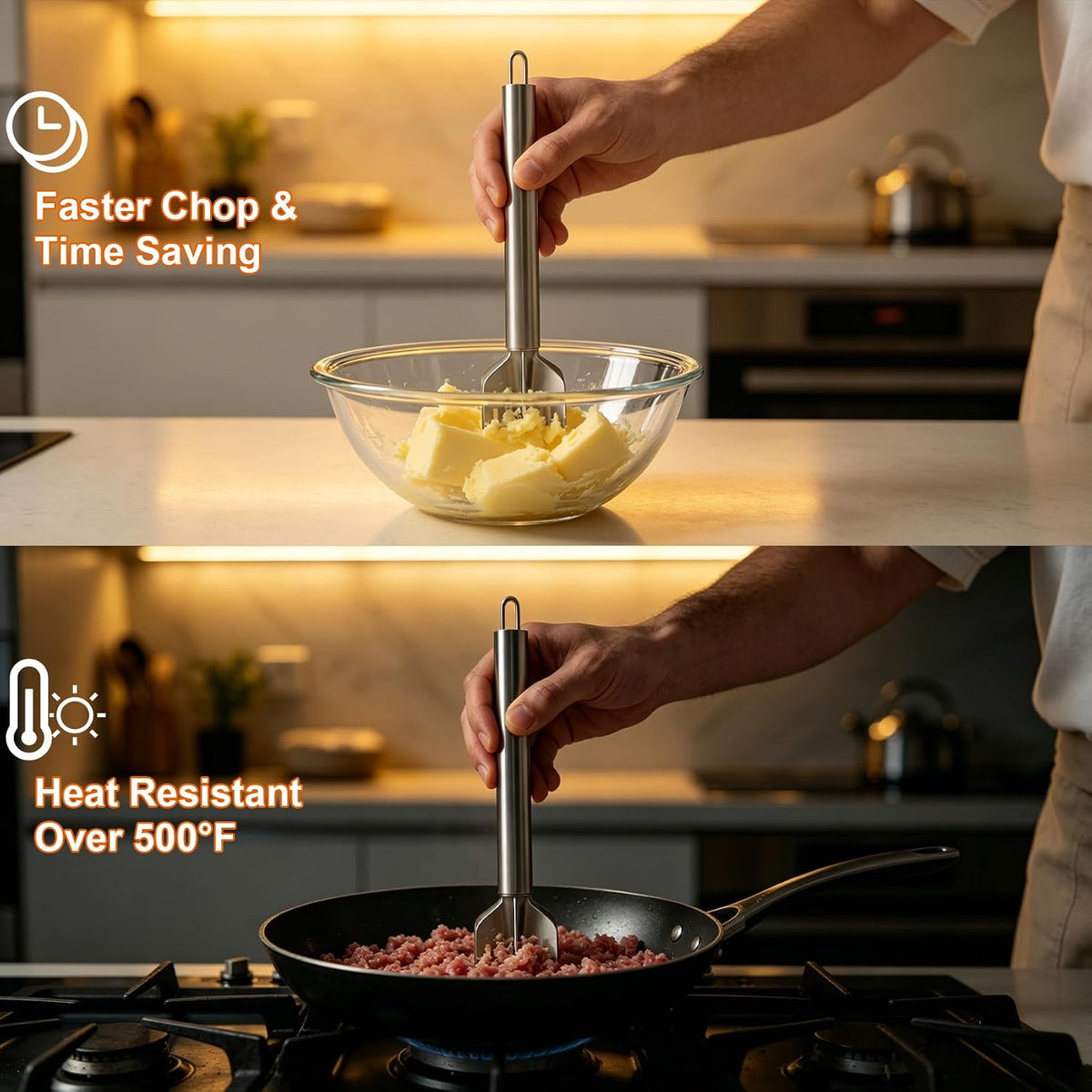 Stainless Steel Meat Masher, 6 Blade Ground Beef Chopper