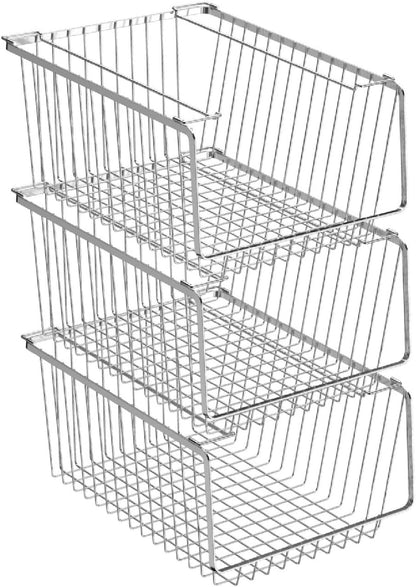 Wire Storage Basket Stackable Organizer Storage Baskets Bins Sturdy Metal Organization with Handles for Pantry, Kitchen, Closets, Bathroom, Cabinets, Kitchen, Set of 3