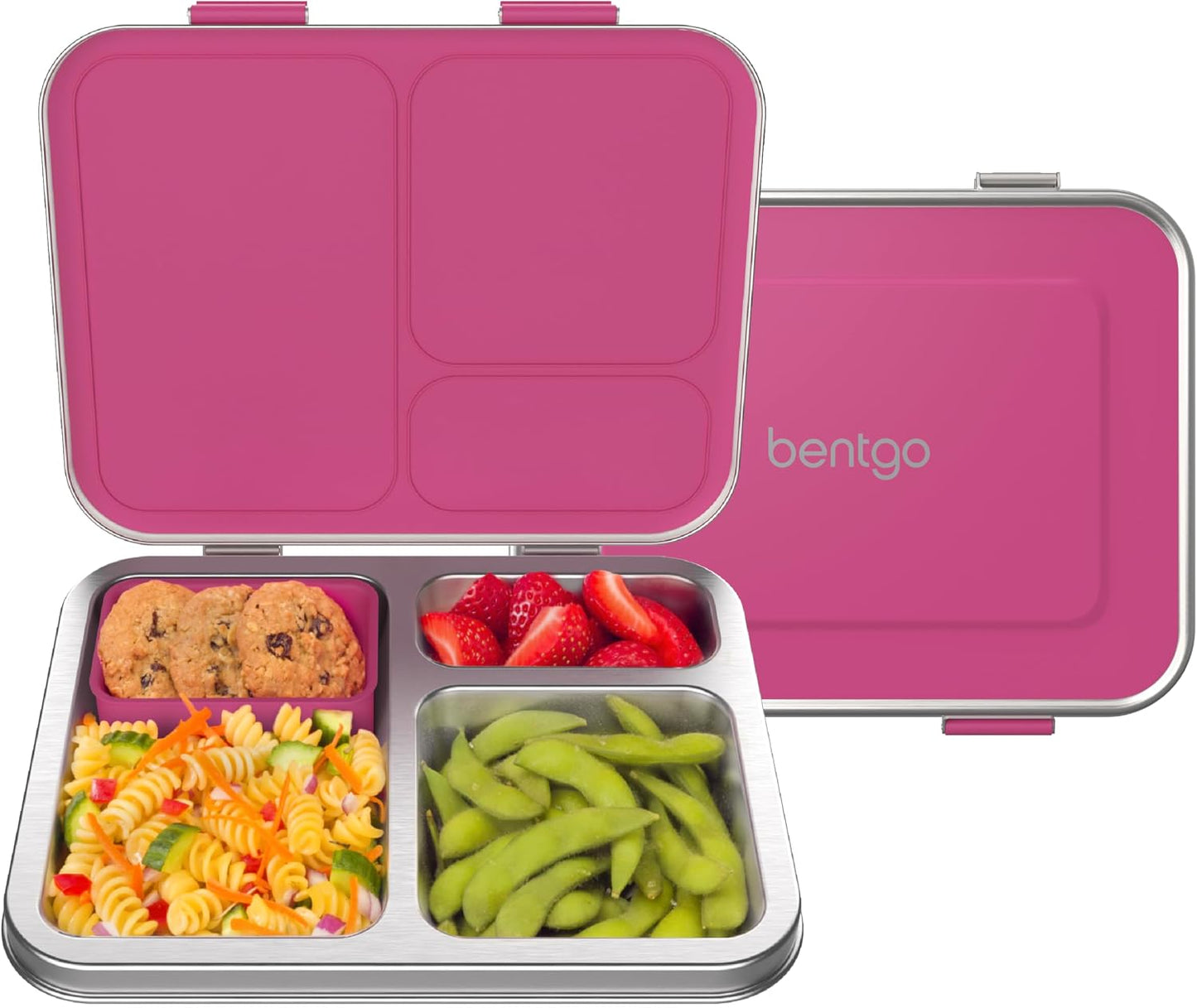 Bentgo Kids Stainless Steel Leak-Resistant Lunch Box - 3-Compartments with Bonus Silicone Container, Durable, Eco-Friendly, Dishwasher Safe, BPA-Free, Ideal for School, Ages 3+ (Silver)