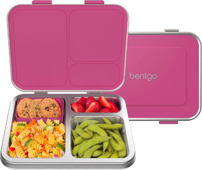 Bentgo Kids Stainless Steel Leak-Resistant Lunch Box - 3-Compartments with Bonus Silicone Container, Durable, Eco-Friendly, Dishwasher Safe, BPA-Free, Ideal for School, Ages 3+ (Silver)