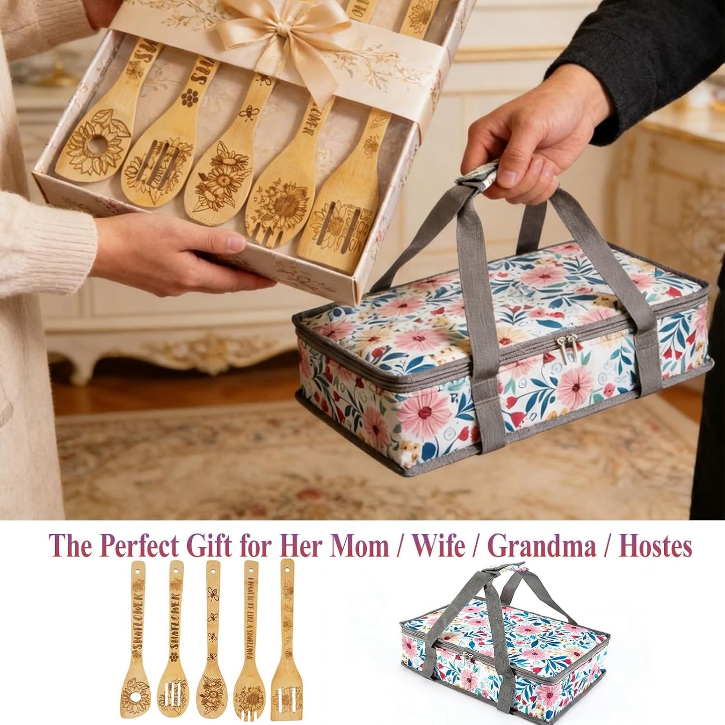 Pioneer Woman Style Insulated Casserole Carrier for Hot or Cold Food, Fits 9x13 Baking Dish,Floral Thermal Lasagna Lugger Tote with Oven Mitts and Pot Holders Set,Gift for Women, Mother's Day.3 PCS
